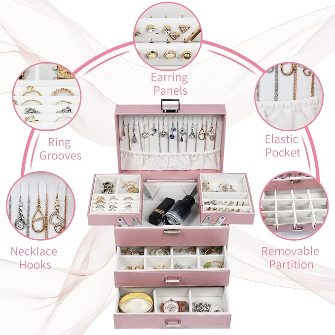 Jewelry Boxes for Women Girls, Jewelry Storage Organizer, 4 Layers Large Jewelry Organizer Box with 2 Drawers for Friends, Wife or Mother Gift (Pink)