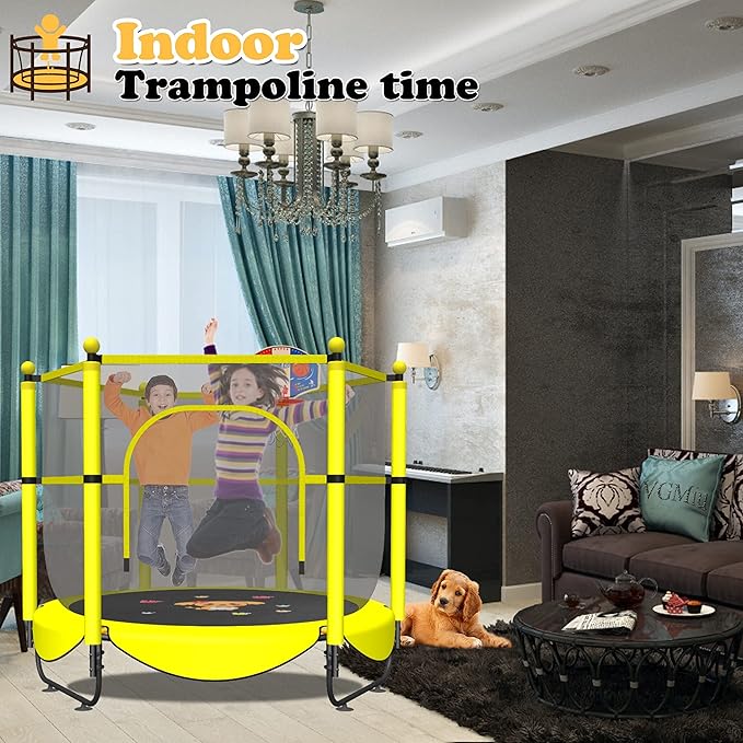 VGMiu 60" Trampoline for Kids, 5 FT Indoor & Outdoor Toddler Baby Trampoline with Basketball Hoop, Safety Enclosure, Birthday Gifts for Kids, Gifts for Boy and Girl, Age 3-8