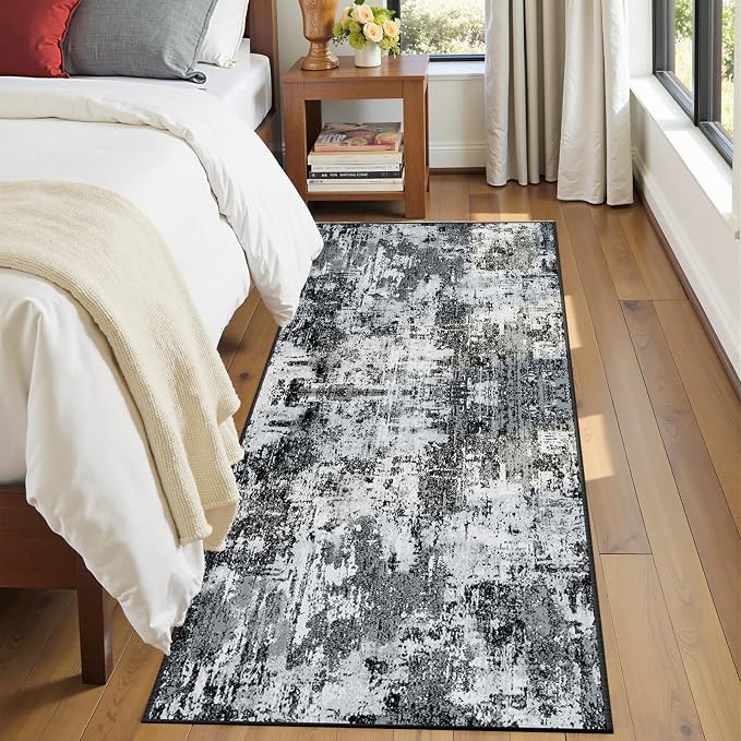 RELEANY Washable Runner 2'x6' Abstract Area Rug for Hallway Black White | carpet for kitchen, entryway, bathroom, living room, bedroom, printed pattern, non-slip, soft, stain-resistant, easy to clean