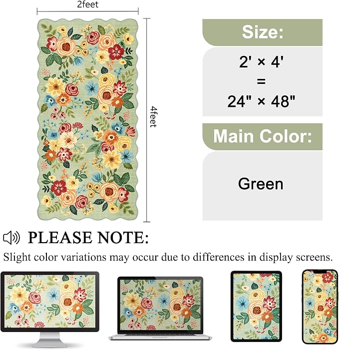 DUKINO 2x4 Rug for Entryway, Floral Washable Kitchen Rugs Non Slip, Green | Soft, Low Pile, Stain Resistant Throw Runner Rug for Hallway, Bedroom, Bathroom, Laundry, Pet Friendly, Modern Home Decor