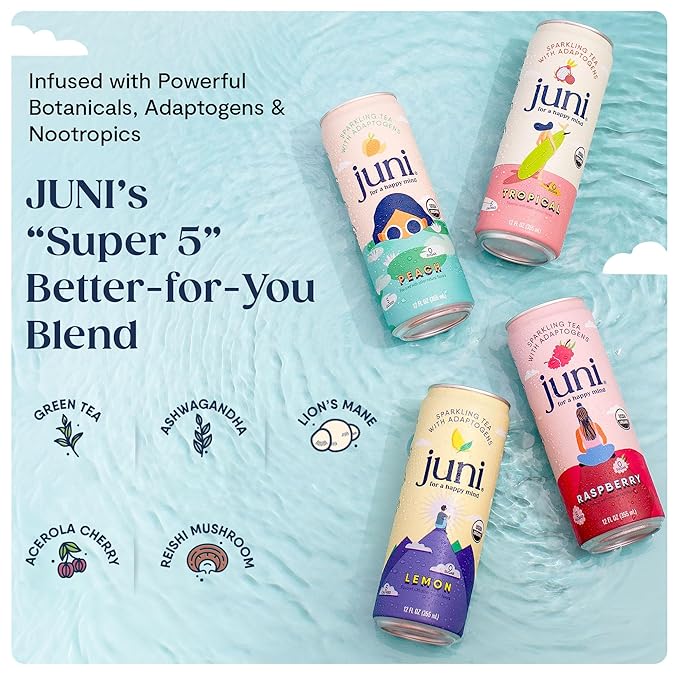 Juni Sparkling Adaptogen Drink with Ashwagandha, Lion’s Mane & Reishi Mushrooms, Green Tea for Focus, Zero Sugar, 5 Calories, Organic, Non Alcoholic Drinks - Lemon 12 pack