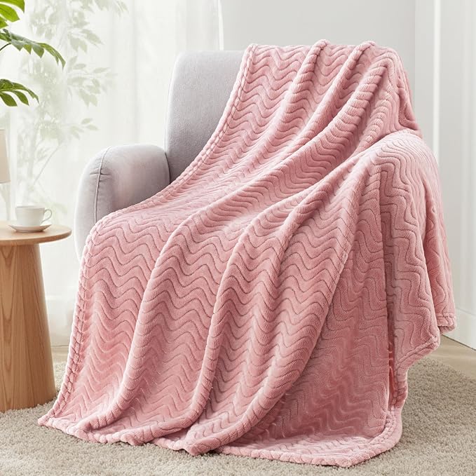 Exclusivo Mezcla Large Fleece Throw Blanket for Couch, Sofa, Pink | 50"x70" Soft Breathable Lightweight Flannel Throws for Summer, Plush Cozy Jacquard Wave Blanket for Home Decor