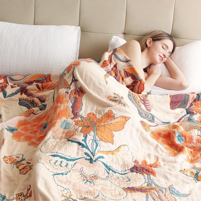 VANJOROY Boho Throw Blanket, 100% Cotton Breathable Soft Bed Throw - Floral Bird Farmhouse Decor Blanket for Sofa Couch Chair Quilt and Gift. 80" x 90"- Beige