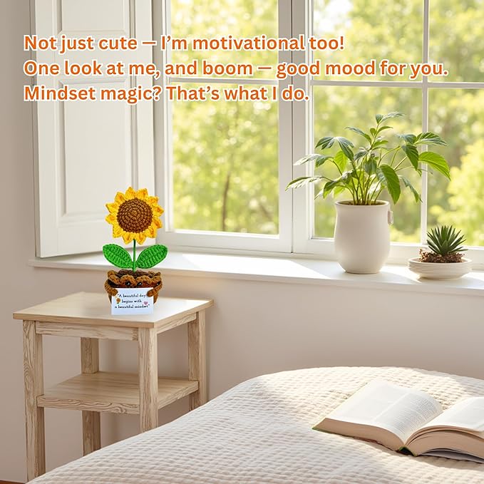 Handmade Sunflower Crochet Plush with Encouragement Card – Emotional Support & Appreciation Present for Women, Coworker, Teacher – Positive Office Desk Decoration, Thank You Gifts