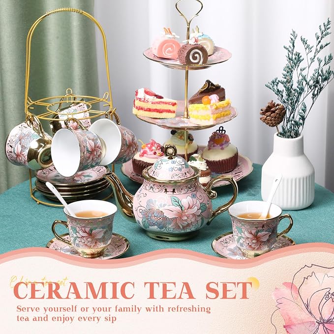 21 Pcs Ceramic Teapot Set Vintage Porcelain Tea Cups with Metal Holder and High Tier Cupcake Stand Saucers for Women Girls Farmhouse European Weddings Party Decor Gifts(Pink,Spring)