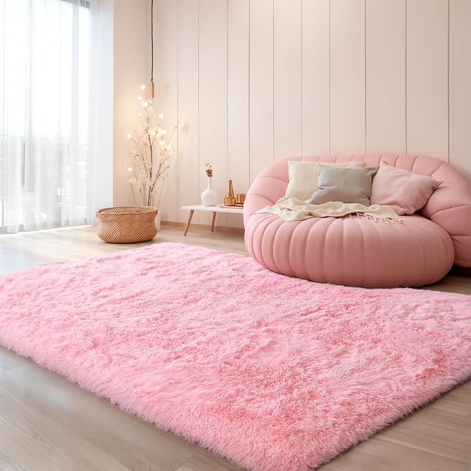 KICHOWUA 5x8 Thick Pink Fluffy Shag Rug for Girls Bedroom, Plush Washable | Area Rug for Living Room, Kids Nursery, Dorm Room, Thick Shaggy Carpet