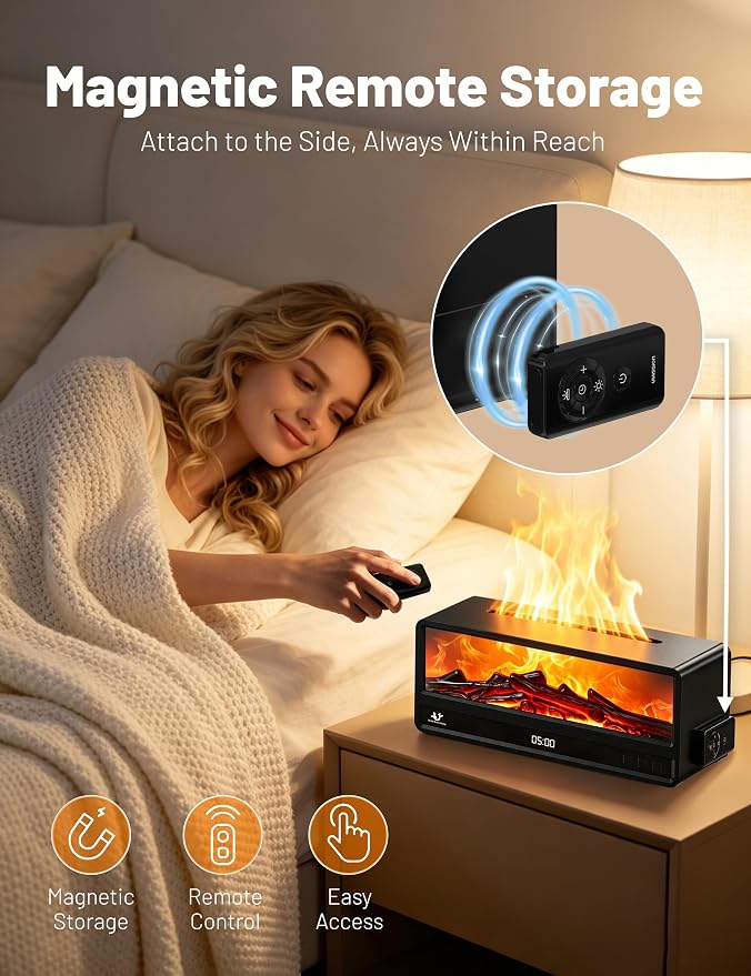 Fireplace Aroma Diffuser for Bedroom Nightstand, Essential Oil Diffuser with Realistic Flame Effect, Remote Control, Timer Auto-Off, 7 Color LED Ultrasonic Aromatherapy Diffuser for Home Office Decor