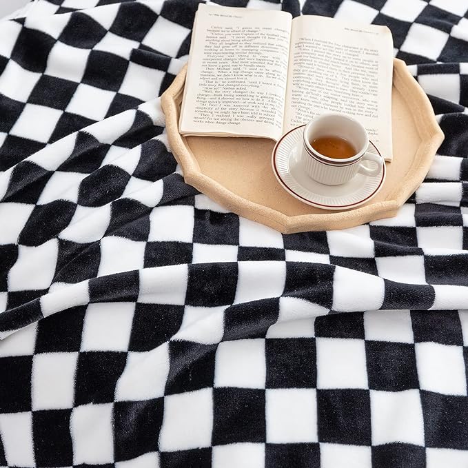LOMAO Throw Blankets Flannel Blanket with Checkerboard Grid Pattern Soft Throw Blanket for Couch, Bed, Sofa Luxurious Warm and Cozy for All Seasons (Black, 60"x80")