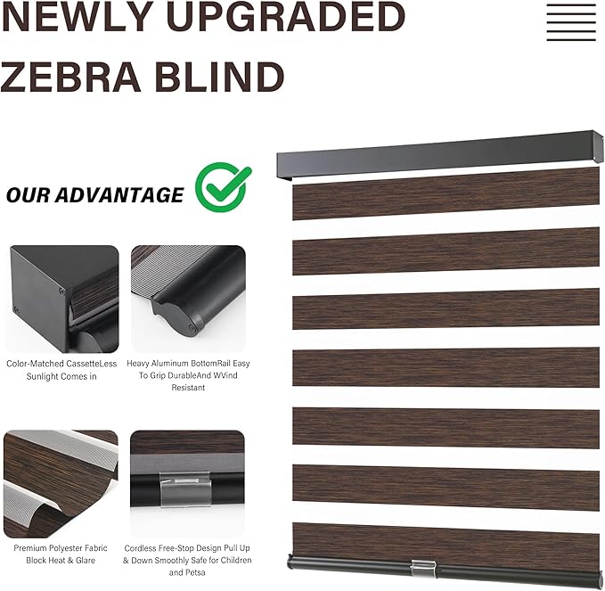 AOSKY Cordless Zebra Blinds for Windows Pull Down Roller Window Shades Dual Layer Light Filtering Privacy for Day and Night, Free-Stop Door Shades for Home Easy to Install Brown 34" W X 72" H