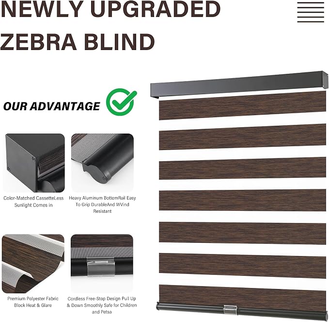 AOSKY Cordless Zebra Blinds for Windows Pull Down Roller Window Shades | 20"W x 72"H Brown, Dual Layer Light Filtering Shade with Privacy Day Night Control, Door Blind for Home Easy to Install