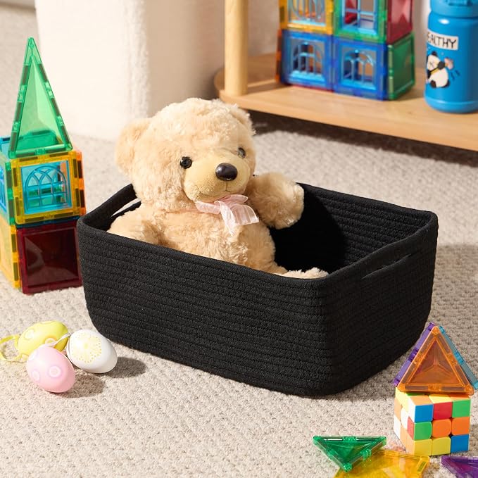 MiniArk Small Storage Baskets for Organizing | Closet Organizer Bins | Shelf Toy Basket | Woven Rope Baskets | Cube Decorative Box | Shallow Basket | 13x8.5x5.1” | 4 Packs Black