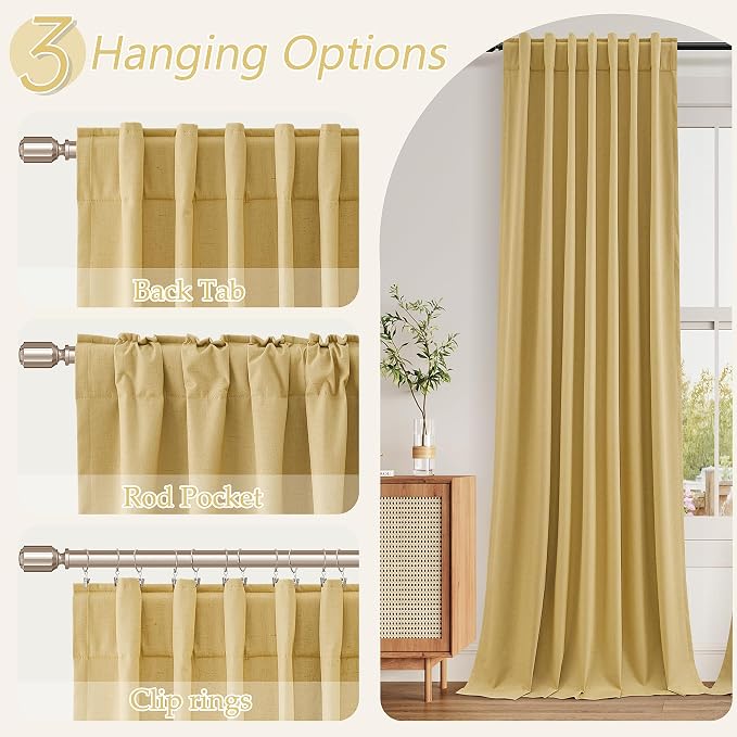 Guken 100% Blackout Curtains 108 Inch Length 2 Panels Set for Living Room Bedroom Back Tab Thermal Insulated Black Out Linen Drapes Room Darkening Window Curtains Gold Yellow 52x108