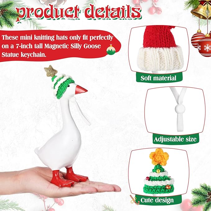 Geyoga 6 Pcs Mini Knitted Hats 7 Inch Goose Outfits Hat with Adjustable Strap Mini Porch Goose Headwear for Statue Key Holder