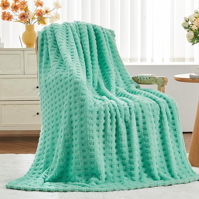 NEWCOSPLAY 3D Waffle Checkered Flannel Queen Blanket, Aqua, 90"x90" | Super Soft Cute Lightweight Decorative Premium Silky Fleece Blanket for Couch Sofa Bed, Gift for Women Men, All Season Use