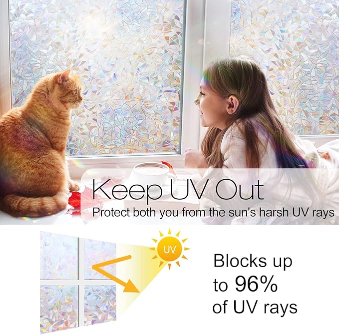 rabbitgoo Rainbow Window Privacy Film, Stained Glass Cling, 17.5" x 157.4" | Decorative Static Sticker, Non-Adhesive Reusable Window Tint, Heat Control UV Blocking Coverings for Home Doors, Living Room