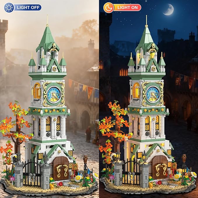 INSOON Magic Clock Tower Building Set with Light, 1566 PCS Big Medieval Castle House Construction Model with Owl & Garden, Home Decor Building Block Kit, Easter Gift for Adults Teens Boys Girls 12+