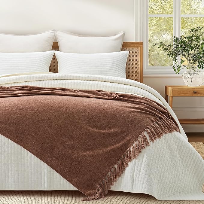 Chenille Knit Throw Blanket for Couch, 50"x60", Clay | Cozy Plush Fuzzy Knittd Throw with Tassels, Lightweight, Decorative, Farmhouse Decor, Ideal for Bed Sofa Gift, All Seasons