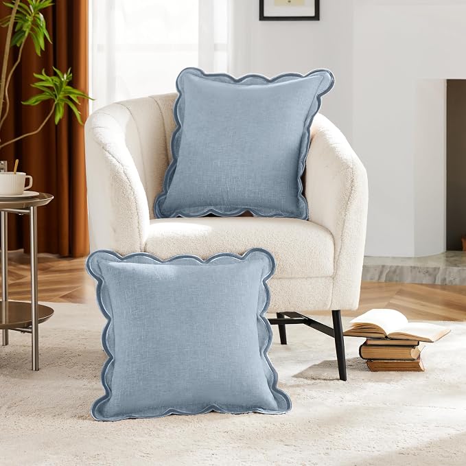 Ohocut Scalloped Pillow Cover Pack of 2 Spring Chenille Decorative Throw Pillow Covers Cute Boho Couch Pillow Covers Aesthetic Funky Preppy Pillow Cases for Sofa Living Room (Misty Blue, 20x20 Inch)
