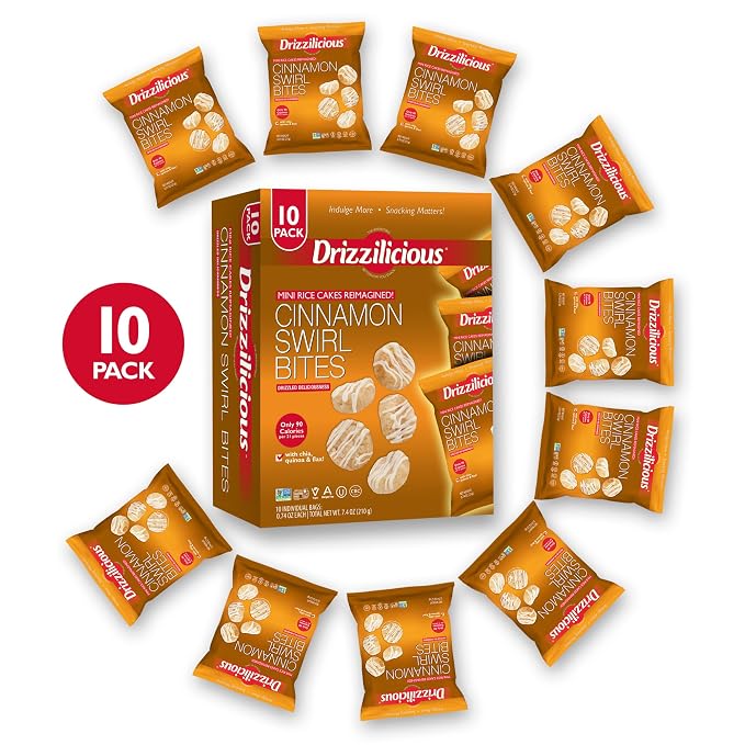 Drizzilicious Mini Flavored Rice Cakes Cinnamon Swirl - Rice Crisps, Healthy Snack for Adults and Kids, Vegan, Gluten Free Snack, Allergen Free, Only 90 Calories Per Bag - 0.74 oz (Pack of 10)
