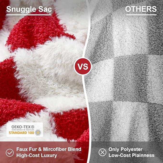 Snuggle Sac Red Checkered Blanket, Fluffy Faux Fur Ultra Soft Warm Microfiber Throw Blankets for Couch, Sofa, Chair, Bed, Red Checker, 50x60 inches