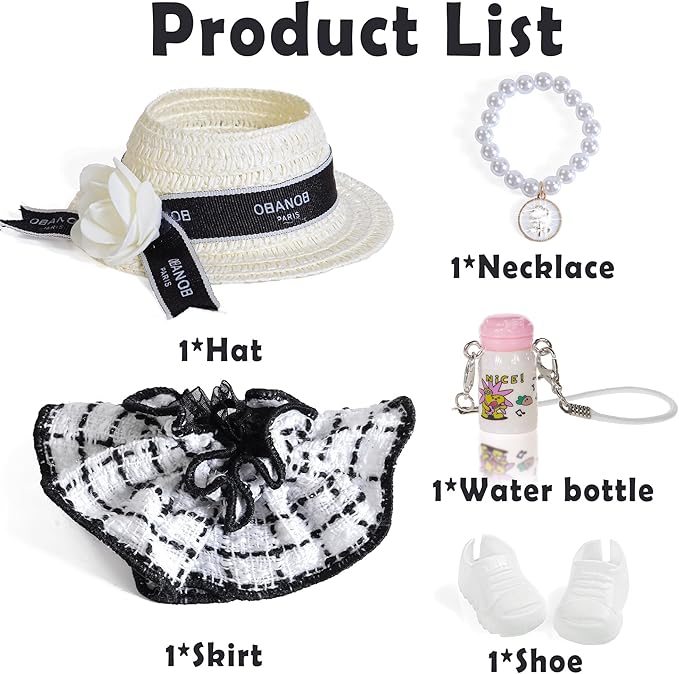Chic Style 17cm Doll Clothes Accessories Set Include: 1 Dress, 1 Hat, 1 Necklace, 1 Water Bottle and 1 Shoes for Dress up Your Dolls (Doll Not Included), White #1