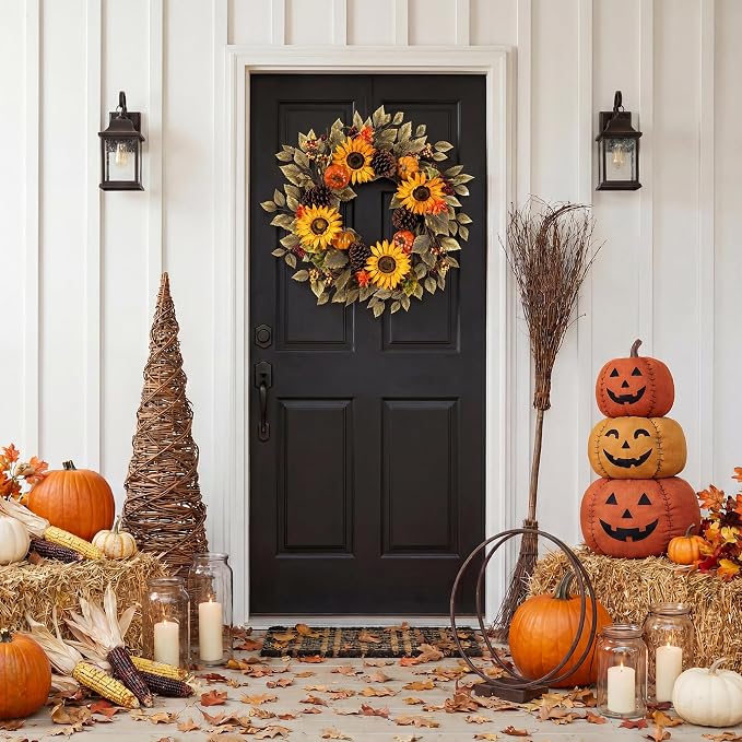 20" Fall Wreath Front Door Pumpkin Sunflower Pine Cones Artificial Wall Decor Farmhouse Autumn Wreath Thanksgiving Home Porch Outdoor Indoor Holiday Harvest Decor