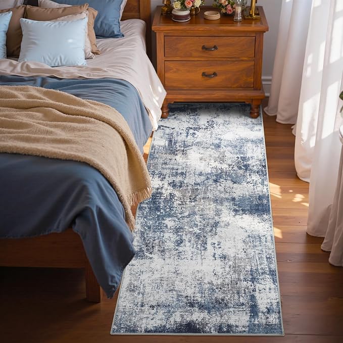 2x6 Ft Washable Runner Rug, Non-Slip Low Pile Hallway Kitchen Area Rug, Soft Long Entryway Floor Mat Abstract Pattern Carpet for Bedside & High-Traffic Areas (Blue)