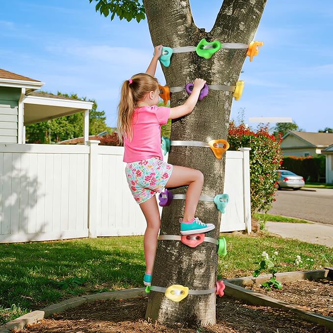 TOPNEW 20 Ninja Tree Climbing Holds for Kids Climber, Adult Climbing Rocks with 6 Ratchet Straps for Outdoor Ninja Warrior Obstacle Course Training, Soft Color