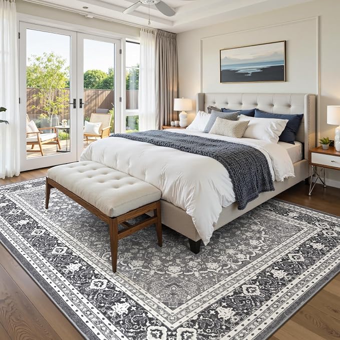 9x12 Area Rugs for Living Room, Washable Non-Slip Rug, Oriental Light Grey | Large Rugs for Bedroom, Low Pile Large Area Rug for Kitchen, Dining Room, Home Office, Vintage Oriental Print Rug