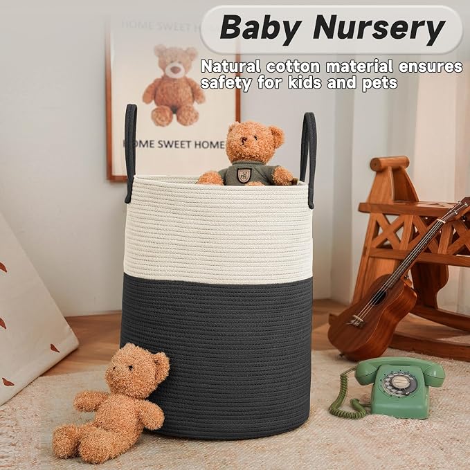 JMvicyroam 80L Cotton Rope Laundry Basket Hamper, White and Black | Collapsible laundry basket, reinforced handles, freestanding, machine washable, holds 3-5 thick blankets, clothes or toys