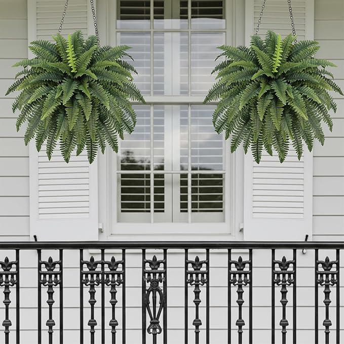 FOREST PRINCE 42" Artificial Boston Fern Large Bush Plants, 2 Bundles of Fake Ferns with 65 Fronds for Outdoors Home Decor