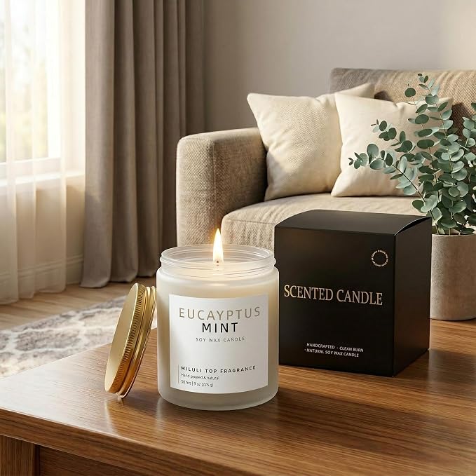 Eucalyptus Mint Scented Candles for Home - 15% Essential Oil Luxury Aromatherapy - Handmade Natural Soy Wax Candle for Women Men Relaxation - 9oz Frosted White Jar,50H Clean & Non-Toxic Burn