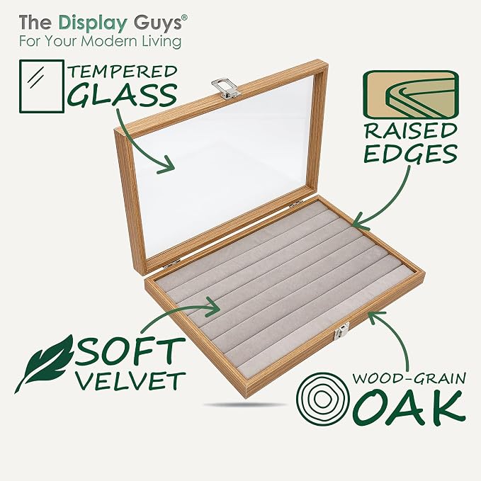 Wooden Travel Jewelry Box w. Tempered Glass Display Lid - Rings Storage - 7-Rows Velvet Organizer (Natural Oak) by The Display Guys