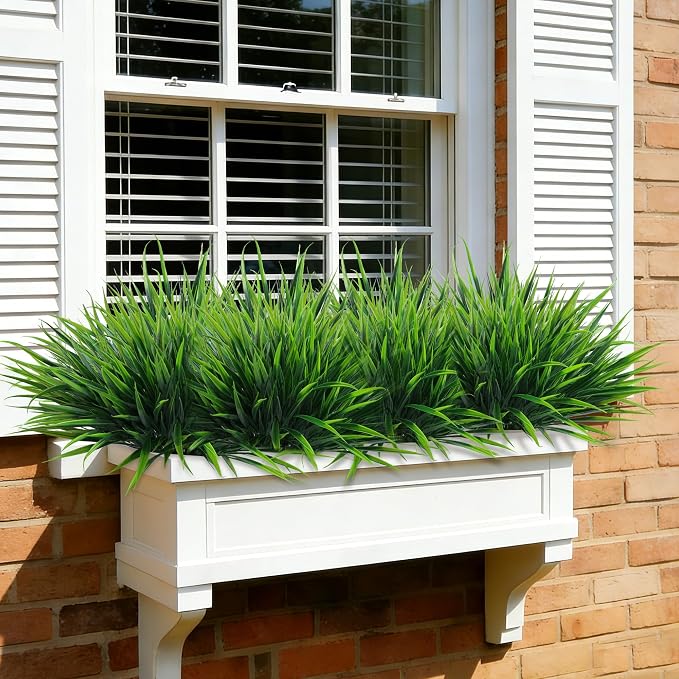 12Pcs Artificial Plants Outdoor Fake Plastic Grass Spring Decoration UV Resistant Faux Greenery Stems Bushes Outside Fake Plants for Planters Patio Porch Window Box Pathway Garden Home Decor, Green