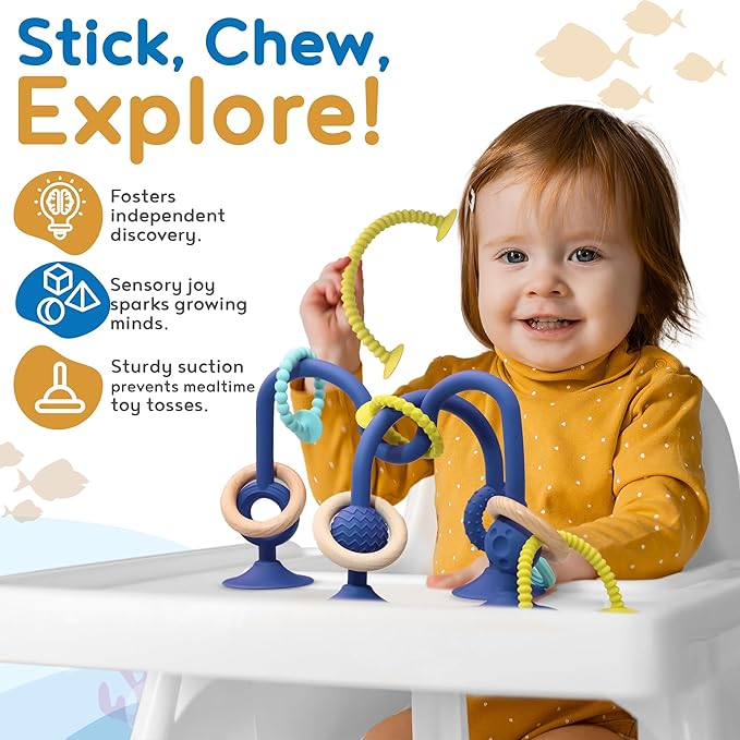 JoySprout Jumble Jangle Baby Teething Toys – Suction Cup High Chair Toys for Babies 6-12 Months | BPA-Free Baby Suction Toy for Highchair Tray, Table, Sensory Play, Teething Relief Essentials
