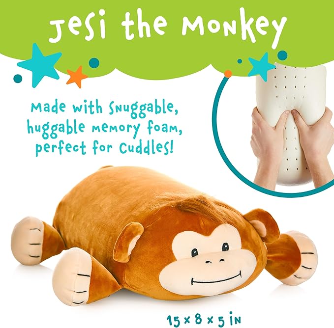 Cuddly Memory Foam Pillow Plush with Belly Pocket, Kids Pillow for Hugging Sleeping & Storing Diary, 15” Stuffed Animal & Journal Set - Jesi The Monkey