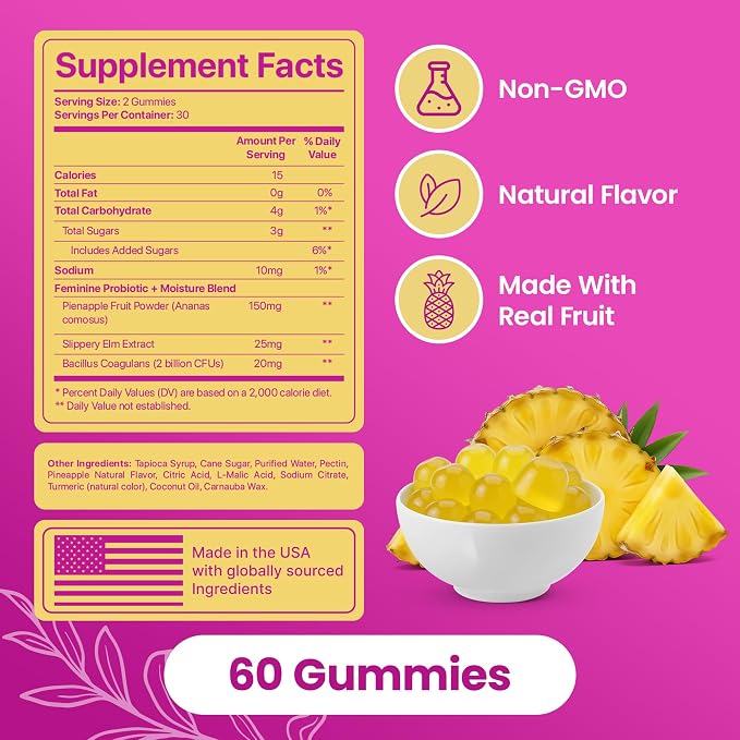 KITTYQUEEN Slippery Kitty Feminine Probiotic and Moisture Gummies, Pineapple Flavor, Women’s Probiotic Gummies for Vaginal Health, pH Balance, Odor Control, Flora Support and Moisture Boost, 60 Count