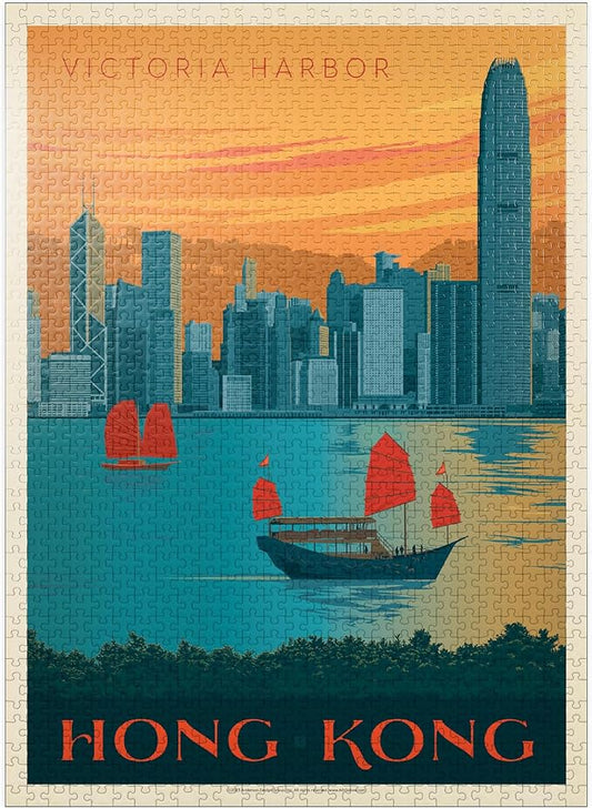 MyPuzzle China: Hong Kong, Victoria Harbor, Vintage Poster - Premium 1000 Piece Jigsaw Puzzle for Adults