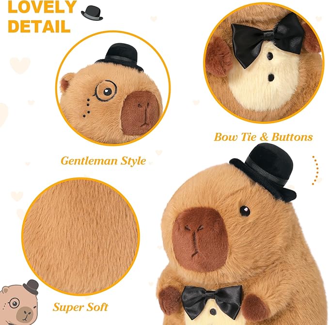 Ditucu Original Gentleman Capybara Plush with Bowler Hat 9 inch Cute Capibara Stuffed Animal Soft Plushies Toys Gifts for Kids Brown