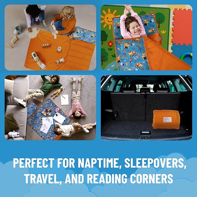 Jay Franco Kids Nap Mat with Embedded Pillow & Blanket – Soft 46"x20" Microfiber Sleeping Bag with Name Tag & Handle