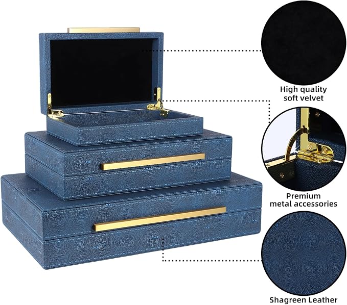 Decorative Storage Boxes with Lids, Decorative Boxes for Home Decor, Faux Shagreen Decorative Box for Stacking Jewelry, Photo, Memory, Storage Boxes, Set of 3 (Blue)