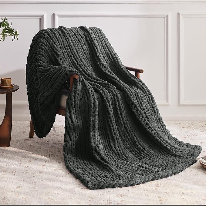 Negwoo Chunky Knit Throw Blanket, Knitted Throw Chenille Yarn, 60"*80" | Soft Thick Cable Knitted Blankets, Handmade Big Thick Blanket, Machine Washable Cute Comfy Blanket for Home Decor, Dark grey