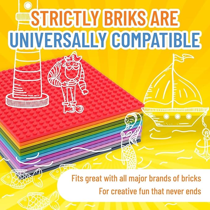 Strictly Briks Brick Base Plates - Compatible with Lego & All Major Brands - 6x6 in, 12-Pack Rainbow Colors - Stackable Rainbow Building Blocks Baseplates with 20x20 Studs