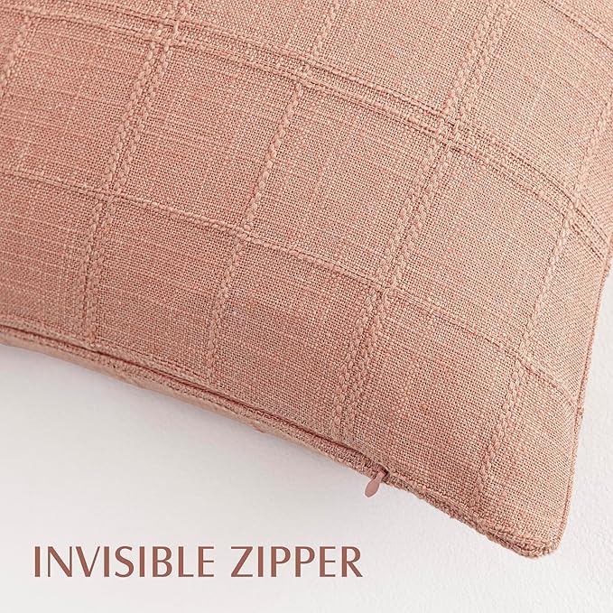 Foindtower Set of 2 Decorative Linen Check Throw Pillow Covers Neutral Farmhouse Vintage Cushion Covers Modern Boho Accent Home Decor for Sofa Chair Couch Bedroom Living Room,22×22 Inch,Coral Pink