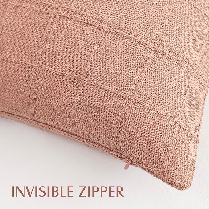 Foindtower Set of 2 Decorative Linen Check Throw Pillow Covers Neutral Farmhouse Vintage Cushion Covers Cozy Modern Boho Accent Home Decor for Sofa Chair Couch Bed Living Room,14×36 Inch,Coral Pink