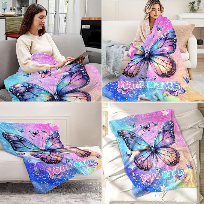 Personalized Butterfly Blanket for Girls - 30 x 40 Inches Soft Flannel Throw for Butterfly Lover - Kids Throw Blankets for Chair, Office