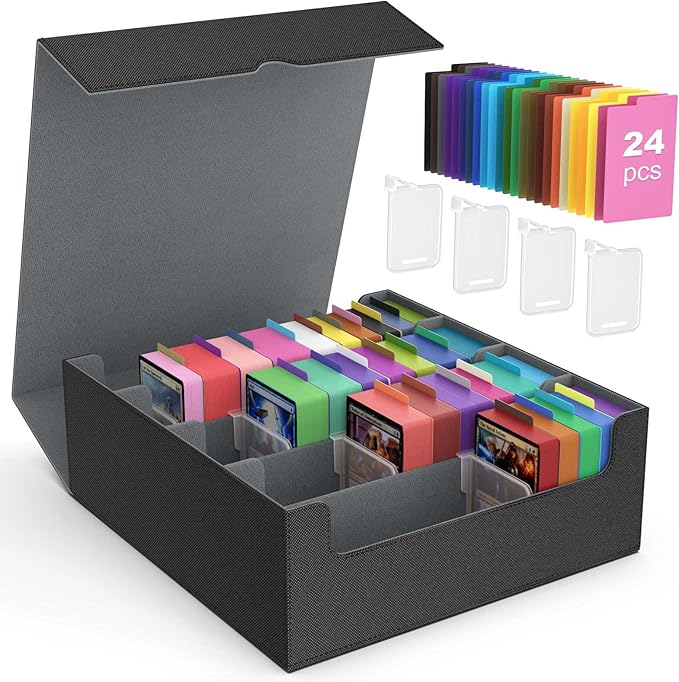 MoKo Trading Card Storage Box, 3000+ MTG Deck Box with 24 Colorful Dividers & 4 Card Supporters, Commander Card Deck Case Fits for Magic Game Cards, YugiOh, TCG, PTG and Sport Cards, Black Grey