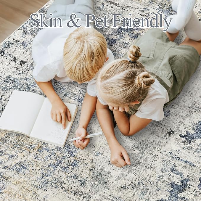 Soalmost Abstract Rug 8x10 Large Living Room Area Rugs Washable Blue/Yellow | Modern Non-Slip Carpet for Dining Bedroom, Stain Resistant Foldable Thin Low Pile Floor Mat Under Table Home Office Decor