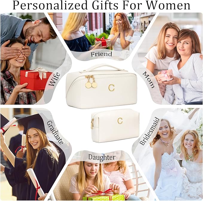 Birthday Gifts for Women Teen Girl, Personalized Initial Makeup Organizer Bag Set, Open Flat Travel Cosmetic Bag With Clear Divider and Handle(Large-Beige,C)