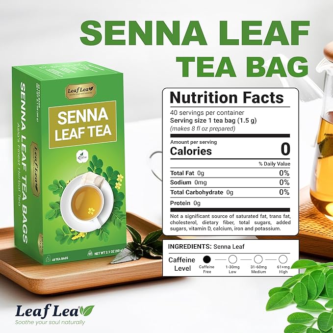 LeafLea Senna Tea Bags, Laxative Tea & Digestive Cleanse, 120 Ct, 3 Boxes | 100% Senna Leaves, Caffeine-Free, Sugar-Free, Gluten-Free, Non-GMO, Vegan, Individually Foil-Wrapped, Family Bulk